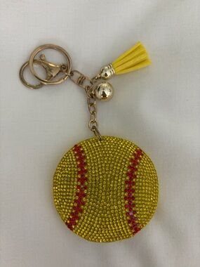 Crystal Softball Tassel Keychain - Yellow with Red Stitching NEW bag charm